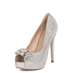 Lauren Lorraine Candy 2 Silver Broach Shimmer Rhinestones Peep Toe Platform Pump