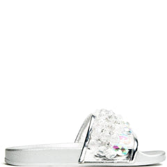 Cape Robbin Moira-63 Silver Crystal Embellished Open Toe Slide Fashion Sandals