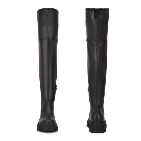 Nine West Cellie3 Black Leather Lug Sole Thigh High Fitted Over the Knee Boots