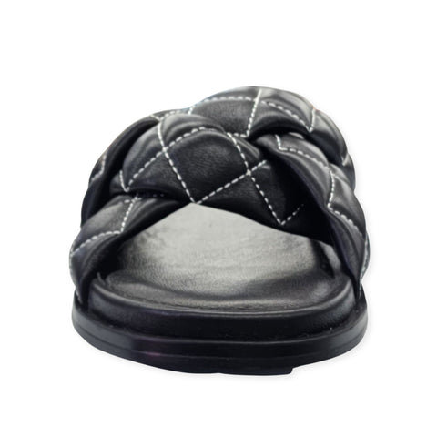 Cecelia New York Ellie Black Leather Womens Casual Slip On Open Toe Cage Sandals