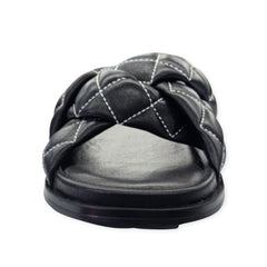 Cecelia New York Ellie Black Leather Womens Casual Slip On Open Toe Cage Sandals