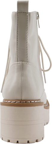 Soda Fling Off White Pu Lace Up Chunky Lug Sole Rounded Toe Combat Ankle Boots