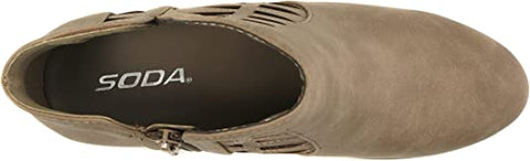 Soda Chance Taupe Dispu Perforated Cut Out Stacked Block Heel Ankle Booties