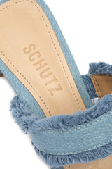 Schutz Amely Mid Block Summer Jeans Double Strap Slip On Open Toe Heel Sandals