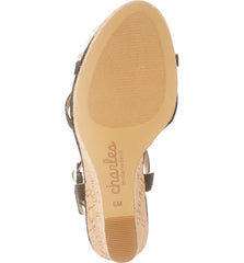 Charles David La Jolla Black Floral Raffia T-strap Platform Open Wedge Sandals