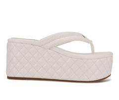 Nine West Newya White Slip On Rounded Open Toe Thong Mule Platform Wedge Sandal
