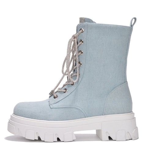 Cape Robbin Nunani Denim Lace Up Chunky Lug Sole Rounded Toe Ankle Combat Boots