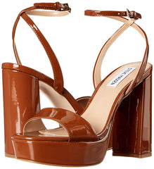 Steve Madden Lessa Cognac Patent Platform Ankle Strap Open Toe Dress Sandal Pump