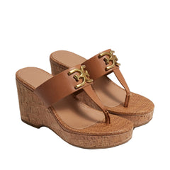 Sam Edelman Yardlie Cuoio Brown Wedge Heel Leather Strap Slip On Heeled Sandals