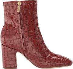Sam Edelman Fawn Rust Croc Patent Block Heel Squared Toe Fashion Ankle Boots