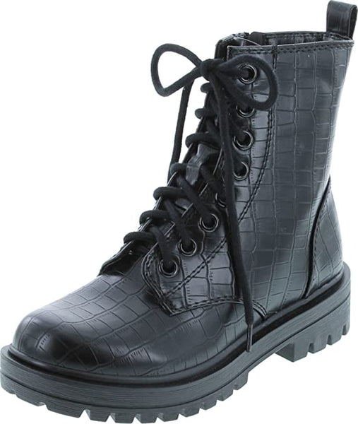 Soda Firm Black Croco Lace Up Round Toe Chunky Platform Combat Ankle Wide Boots