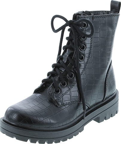 Soda Firm Black Croco Lace Up Round Toe Chunky Platform Combat Ankle Wide Boots