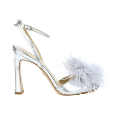 Sam Edelman Leon Silver Feather Pom Pom Detail Ankle Strap High Heel Sandals