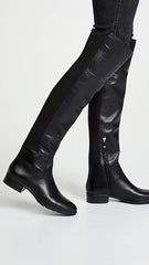 Sam Edelman Pam Black Leather Rounded Toe Stacked Block Heel Over The Knee Boots