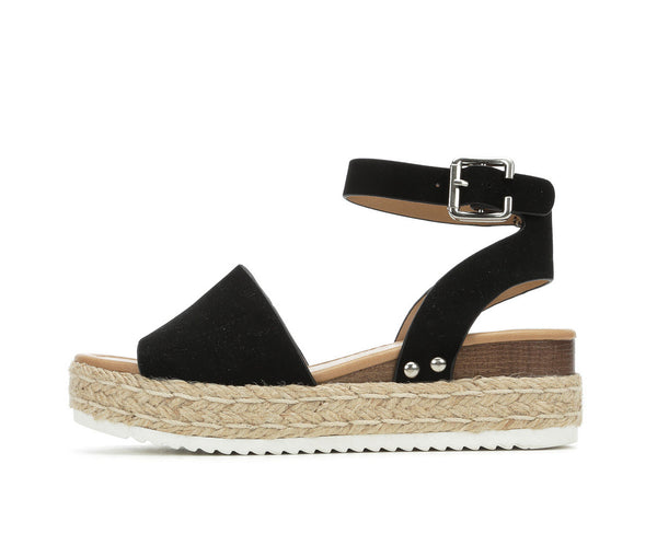 Soda Topic Open Toe Buckle Ankle Strap Espadrilles Flatform Wedge Casual Sandal (10, Black)