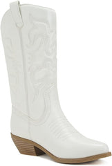 Soda Reno White/Beige Pu Cowboy Pointed Toe Knee High Pull On Western Boots