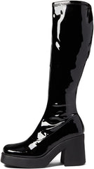 Steve Madden Klarisa Black Patent Squared Toe Block Heel Knee High Fashion Boots