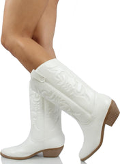 Soda Reno White Women Western Cowboy Pointed Toe Knee High Pull On Tabs Boots