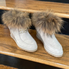 Cecelia New York Torre Taupe Pull On Fur Ankle Rounded Toe Gold Chain Boots
