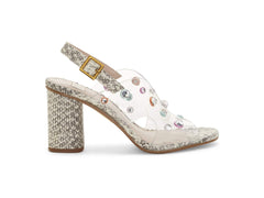 Louise et Cie KAMBER Grey White Clear Open Toe Block Heel Multi Beaded Sandals