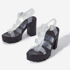 Lemonade Toffee Black Platform Clear Straps Ankle Buckle Block Heel Sandals
