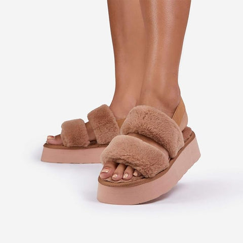 Luxemoda Tata Fluffy Stripe Platform Slip On Open Toe Faux Fur Slippers
