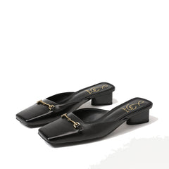 Sam Edelman Ollie Black Leather Squared Toe Slip On Block Heeled Mules Clogs