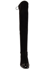 Schutz Tamiris Black Pull On Stretch Fitted Cap Toe Block Heel Tall Stretch Boot