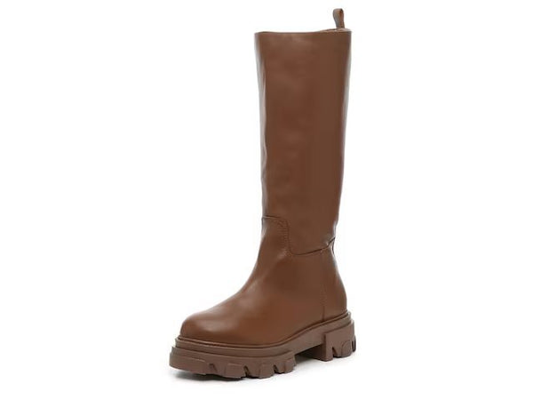 Steve Madden Priority Cognac Leather Chunky Lug Sole Rounded Toe Pull On Boots