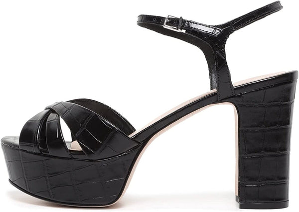 Schutz Keefa Black Open Toe Buckle Ankle Strap Wide Croco Pattern Style Sandals