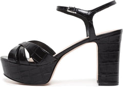 Schutz Keefa Black Open Toe Buckle Ankle Strap Wide Croco Pattern Style Sandals