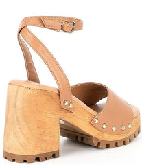 Steve Madden Ocala Tan Leather Ankle Strap Open Toe Wood-Like Platform Sandals