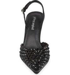 Jeffrey Campbell Shiner Black Satin Black Slingback Rhinestone Pointed Toe Pumps