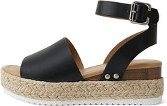 Soda Topic Black Pu Espadrilles Ankle Strap Studded Wedge Wide Platforms Sandals