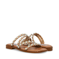 Steve Madden Skyler Tan Leather Embellished Strappy Slip On Squared Toe Sandals