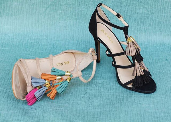 Klub Nico MYRA Multi Tassel Nude Suede Single Sole Stiletto Heel Open Toe Sandal