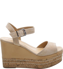 Schutz Muna Amber Light Nude Suede Cork Lined Stitched Wedge Platform Sandals