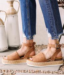 Soda Topic Open Toe Buckle Ankle Strap Espadrilles Flatform Wedge Casual Sandal (6, Tan)