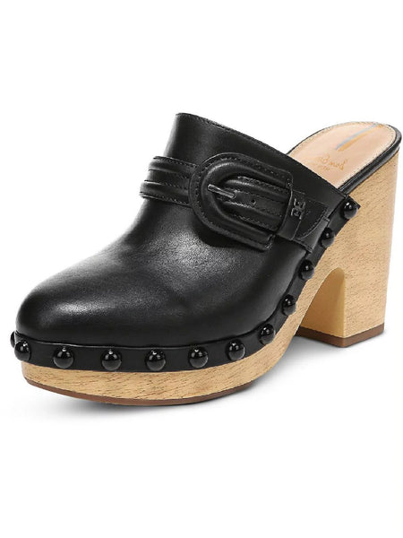 Sam Edelman Nyla Black Leather Rounded Toe Slip On Block Heel Clog Mules