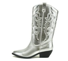 Soda Red Reno Silver Metallic Pu Western Pointed Toe Knee High Pull On Boots