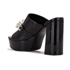Nine West Relee Black Slip On Rounded Open Toe Chain Detailed Platform Sandals