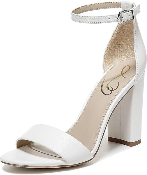 Sam Edelman Yaro Bright White Leather Ankle Strap Open Toe Block Heeled Sandals