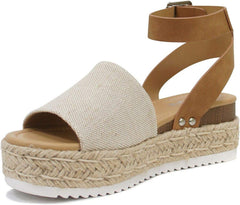 Soda Topic Beige Canvas/Tan Espadrille Ankle Strap Studded Platform Sandals