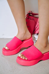 Cape Robbin Charges Fuchsia Slip On Square Open Toe Platform Wedge Heeled Sandal