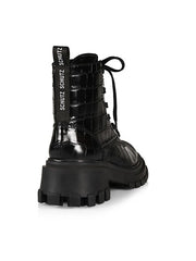 Schutz Black Croc Embossed Lace Up Round Toe Platform Combat Ankle Boots