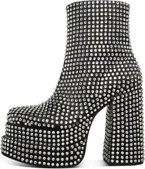 Steve Madden Cobra Black Rhinestone Platform Block High Heel Fashion Ankle Boots
