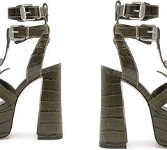 Schutz Platform Military Green Croc-Embossed Heel Dainty Sandals