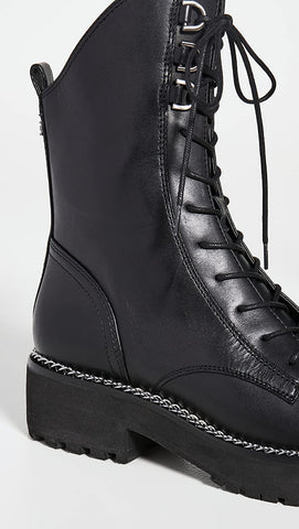 Sam Edelman Lenley Black Leather Chunky Heel Combat Lace Up Mid-Calf Boots