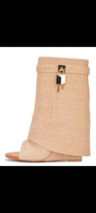Cape Robbin Betterworld Nude Wedge Heel Rounded Open Toe Lock Accent Ankle Boots