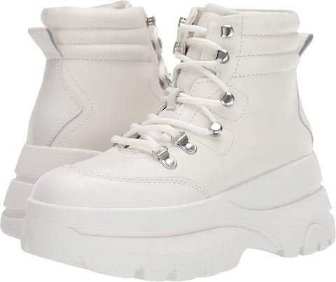 Steve Madden Husky White Leather Lace Up Hiker Wedge Platform Sneaker Ankle Boot